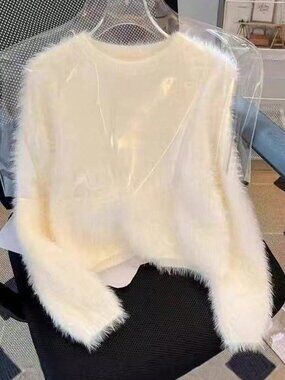 White Casual Women's Fuzzy Round Neck Pullover